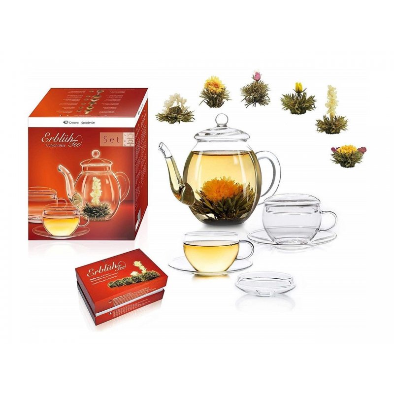 abridor de Regalo y Tarjeta de felicitación Tetera Tetera de Cristal diseño Floral Juego de 6 Tazas de té de 80 ml 450 ml 