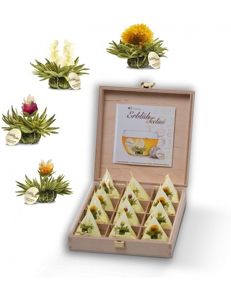 Holzkiste mit 12 Blüten für Tee
