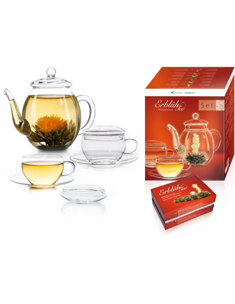 Teaset mit Teekanne, Tassen und 6-Blumen-Tee