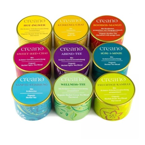 Organic Creano Tea Box with 9 types of gourmet Teas in premium Metal Tins