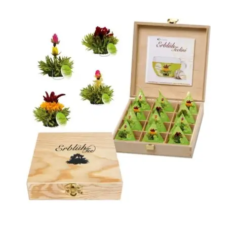 Caja de Madera Tealini con 12 Flores de Té Verde