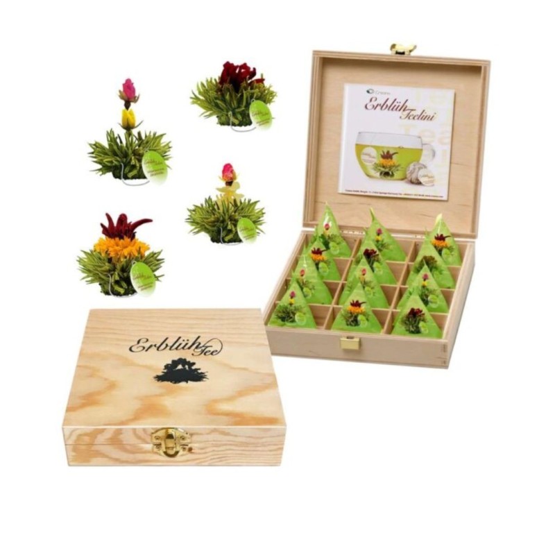Holzkiste Tealini mit 12 Grüntee-Blüten