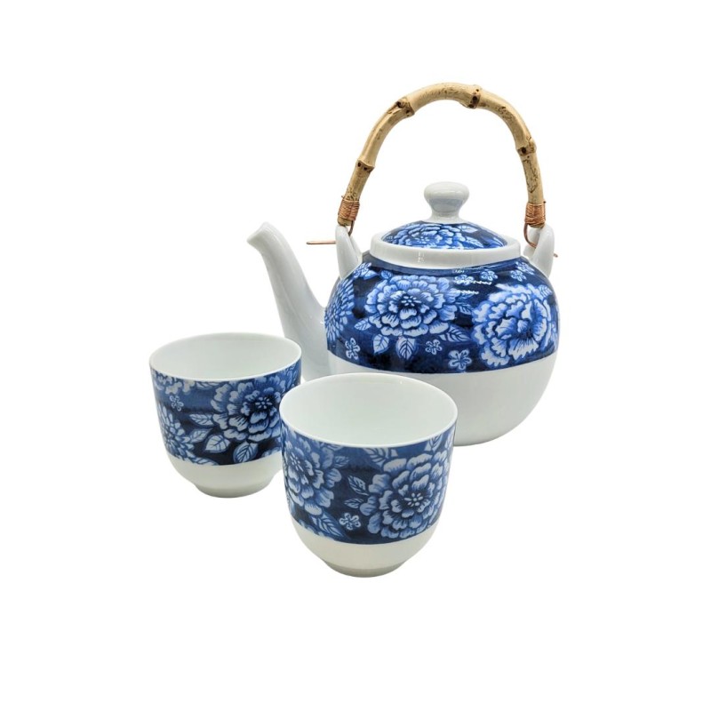 Set Théière en Porcelaine Sometsuke + 2 Tasses à motif floral