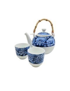 Sometsuke Porcelain Teapot Set + 2 Cups with floral pattern