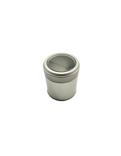 Silver Round Tin with Lid and Viewing Window – 30grs for tea storage