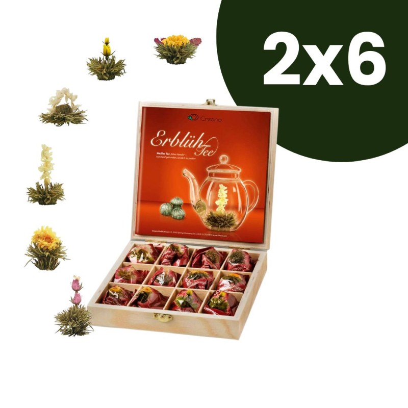 Holzkiste Creano mit 12 Teeblumen