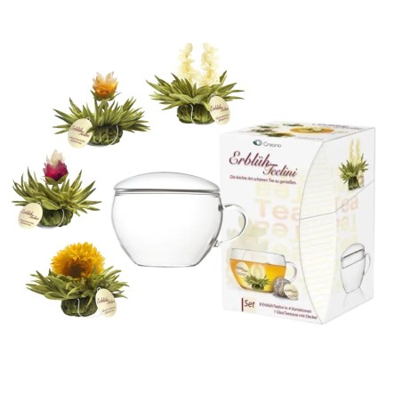 Casella di Tealini con 8 Fiori di Tè con Coppa di Vetro | Abloom Tealini