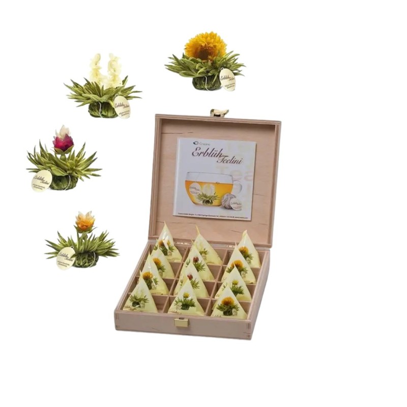 Holzkiste mit 12 Blüten für Tee Tealini | Weißer Tee | Erblüh Tee | Creano