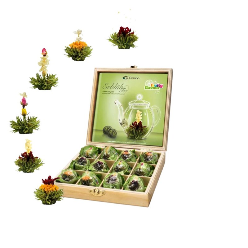 Holzkiste Creano mit 12 Fruchtige Grüne Teeblumen - Erblüh Tee